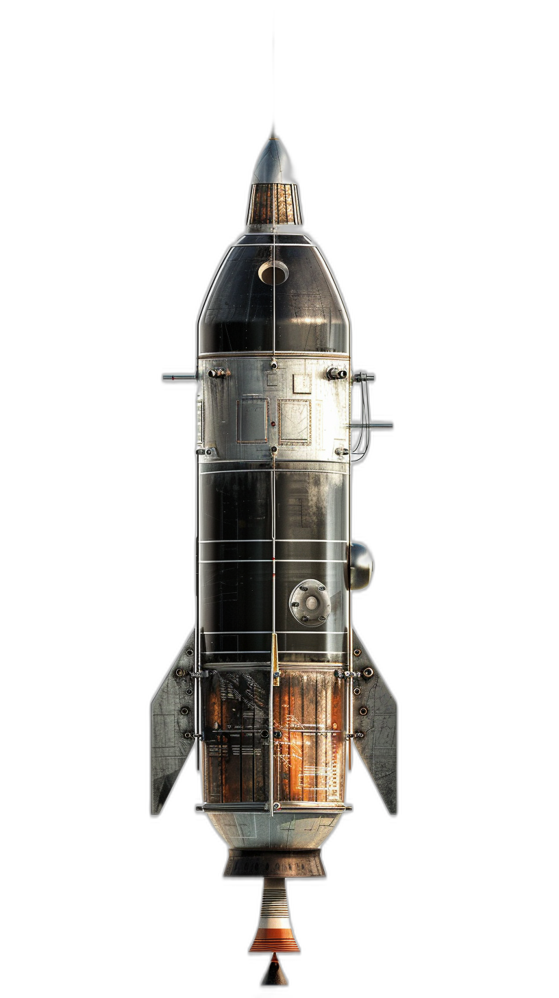 a detailed photo of the exterior of an old space rocket, cutaway diagram, black background, high resolution photography