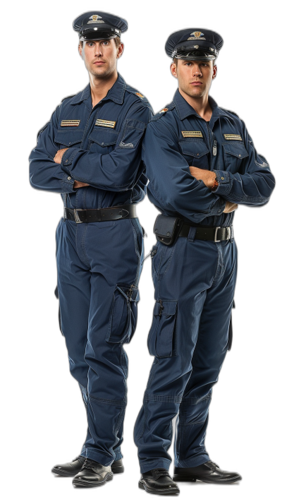 Two handsome American male security guards, full body portrait photography with black background, wearing navy blue uniform and cap, arms folded pose, high definition details