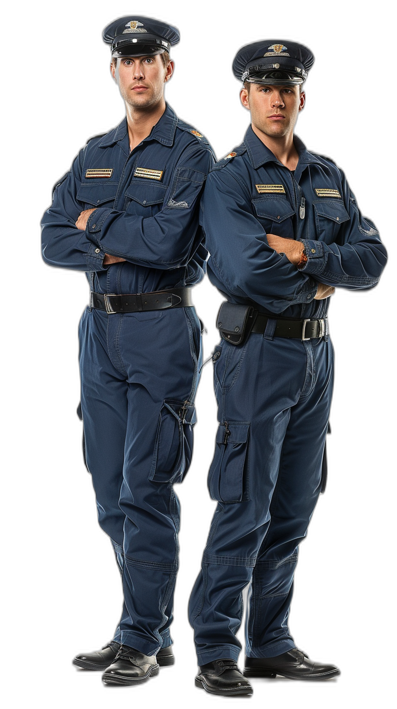 Two handsome American male security guards, full body portrait photography with black background, wearing navy blue uniform and cap, arms folded pose, high definition details