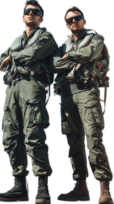 two men in air force pilot uniform, one with sunglasses and the other without. They wear tactical gear and green cargo pants. Full body shot. Black background. Realistic photography.