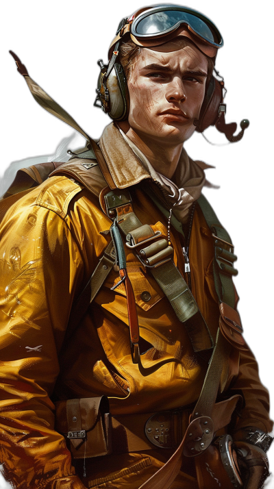 A World War Two bomber pilot, wearing flight gear, in the style of [Greg Rutkowski](https://goo.gl/search?artist%20Greg%20Rutkowski) and in the style of [Thomas Kinkade](https://goo.gl/search?artist%20Thomas%20Kinkade), on a black background, a full body portrait shot, a digital painting, fantasy illustration, hyper realistic.