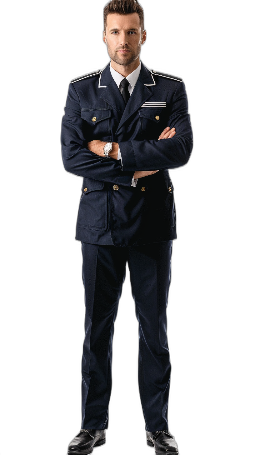 full body shot of handsome man in navy blue pilot uniform, hands crossed on chest, confident pose and expression, black background, white collar with lapel shirt, high resolution photography