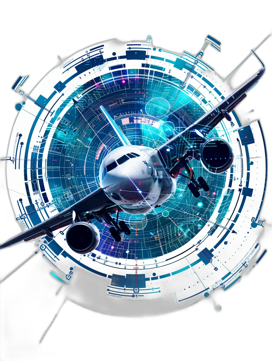 Cyberpunk airplane in the center of an abstract blue and white circle with a black background, featuring futuristic design elements in the style of a vector illustration and cybercore aesthetic. The 3D rendered image is a high resolution, high detail, sharp focused digital art with clean sharp lines and edges, resembling an octane rendered 8K wide angle closeup top view.