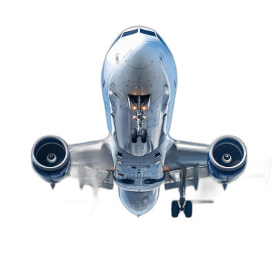 A complete silver Boeing airplane, flying in the air with lights on and a black background, top view, hyper realistic photography, super resolution, high definition, full of details, no watermark, no text, no typography, no logo, no numbers, no letters, no borders, no shadows, no reflections, no highlight effect, no highlights, no reflections, no light effects, no shadowing, no gradient. The airplane appears to be photographed in the style of hyper realistic photography.