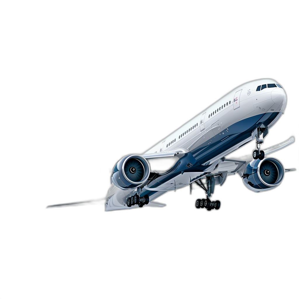 3d render of white and blue airplane flying on black background, isometric view, studio light, rimlight, dark shadows, low angle shot, octane rendering, high resolution photography, insanely detailed, fine details, isolated plain, stock photo, professional color grading