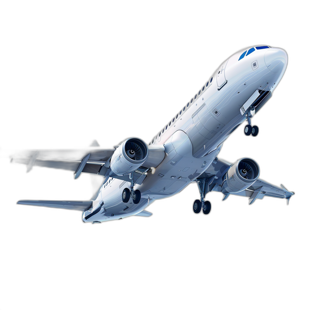 Realistic photo of an airplane in flight, white with blue details on the side and against a black background, a vector illustration in the style of 3d rendering, a high resolution photography in the style of high detail, studio lighting, high quality, sharp focus, a full body shot.