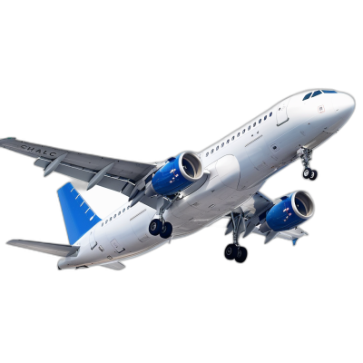 A white and blue passenger airplane flying through the air against a black background. The airplane is from Embraer and has wings and engines similar to an A320. The airplane's color palette is white, light grey-blue and dark navy blue. The photo is photo realistic in style, high resolution with no shadowing, no gradient shading, no blur, no contrast shadows, no lens distortion, no chromatic aberration, no gradient on edges, no airbrush details, no film grain, no water droplets, no bokeh effect, and no gradient background.