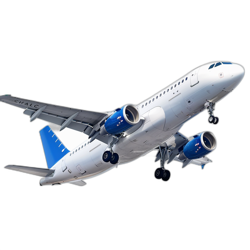 A white and blue passenger airplane flying through the air against a black background. The airplane is from Embraer and has wings and engines similar to an A320. The airplane’s color palette is white, light grey-blue and dark navy blue. The photo is photo realistic in style, high resolution with no shadowing, no gradient shading, no blur, no contrast shadows, no lens distortion, no chromatic aberration, no gradient on edges, no airbrush details, no film grain, no water droplets, no bokeh effect, and no gradient background.