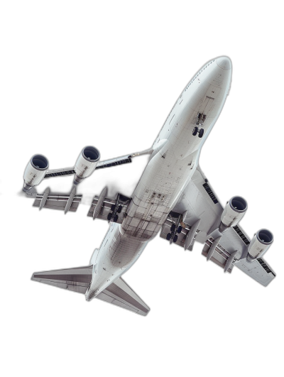 A white airplane with four engines, the plane is flying in space and it's top view on black background, hyper realistic photography