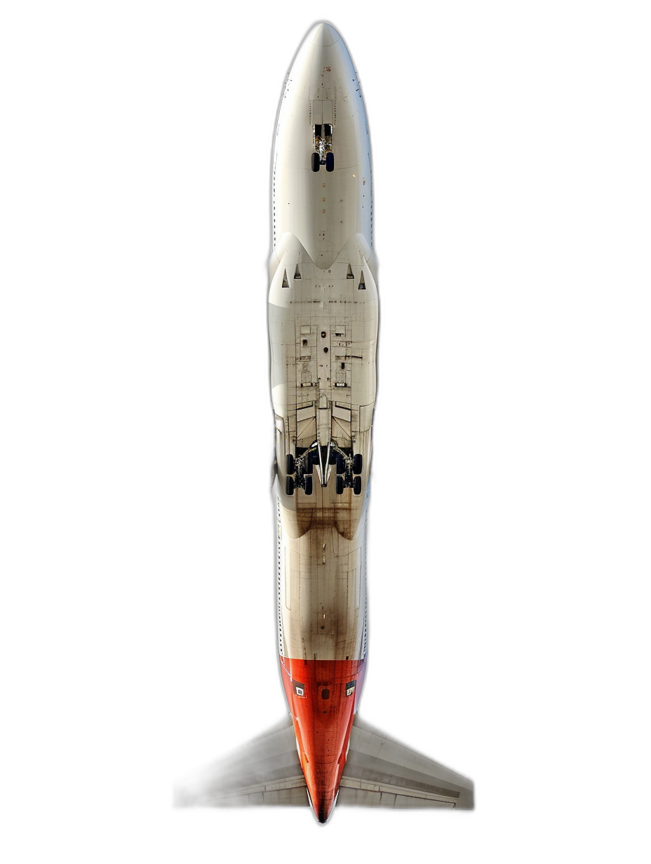 Realistic photograph of complete white and red space shuttle, seen from above, solid black background,