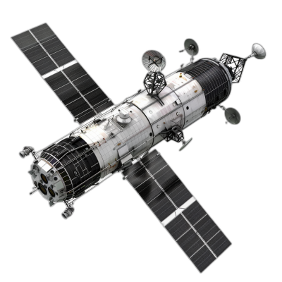 A satellite model, 3D rendering with black background and white lighting, top view, with solar panels on the side of its body. The overall shape is cylindrical, with several robotic arms attached to it for manmade objects in space exploration, with detailed details such as energy research equipment. It has metallic texture and materials that can be clearly seen through glass windows on both sides. , high resolution.