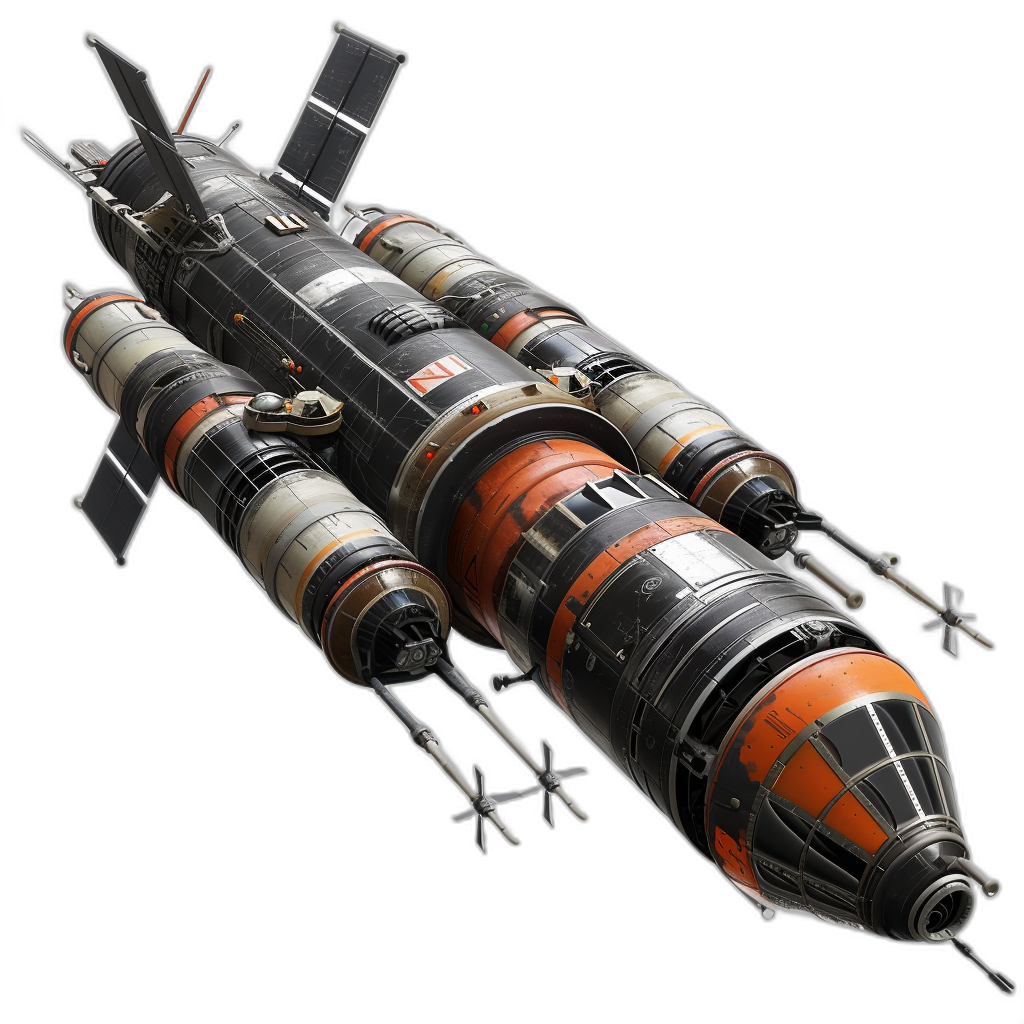 A long, cylindrical spaceship with multiple horizontally stacked components and solar panels on the top surface. The ship has two large wings at each end for tail control. The style is reminiscent of Star Wars space craft, with a realistic rendering in the style of Doggy Hajime. A black background.