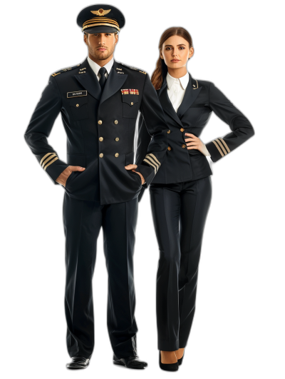 A man and woman in the uniforms of an airplane company, full body shot, black background, photorealistic and ultra detailed in the style of high resolution.