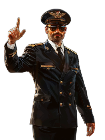 full body portrait of a smiling pilot in a black uniform with a white collar and gold buttons, wearing dark sunglasses on his face, holding up the number one hand sign with fingers straight outstretched against a black background, in the style of a cartoon, digital art in the style of [Artgerm](https://goo.gl/search?artist%20Artgerm), a comic book illustration, concept design for a game character avatar