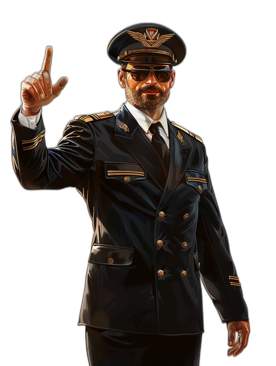 full body portrait of a smiling pilot in a black uniform with a white collar and gold buttons, wearing dark sunglasses on his face, holding up the number one hand sign with fingers straight outstretched against a black background, in the style of a cartoon, digital art in the style of [Artgerm](https://goo.gl/search?artist%20Artgerm), a comic book illustration, concept design for a game character avatar