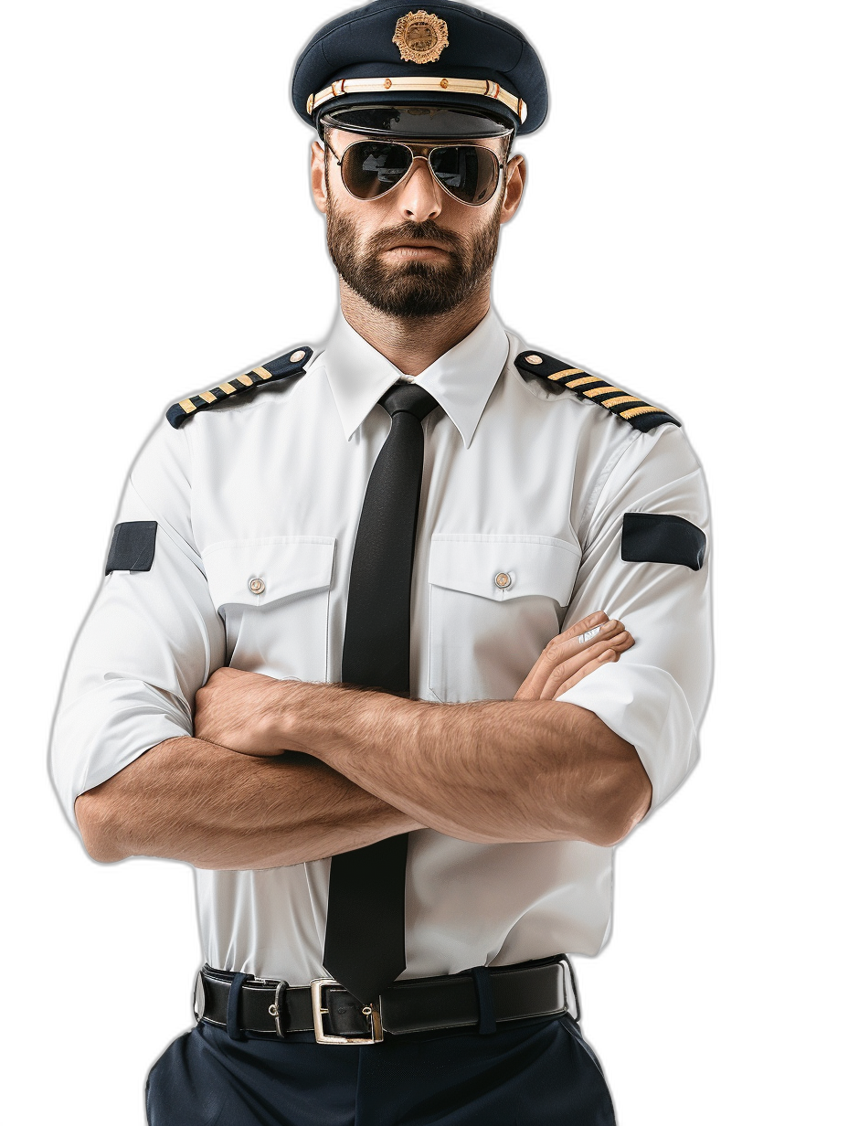 A handsome male pilot in uniform stands with his arms crossed, wearing sunglasses and a cap on his head. He has dark hair, beard stubble, strong shoulders, and a muscular body, with a black background, in a high resolution transparent PNG file.