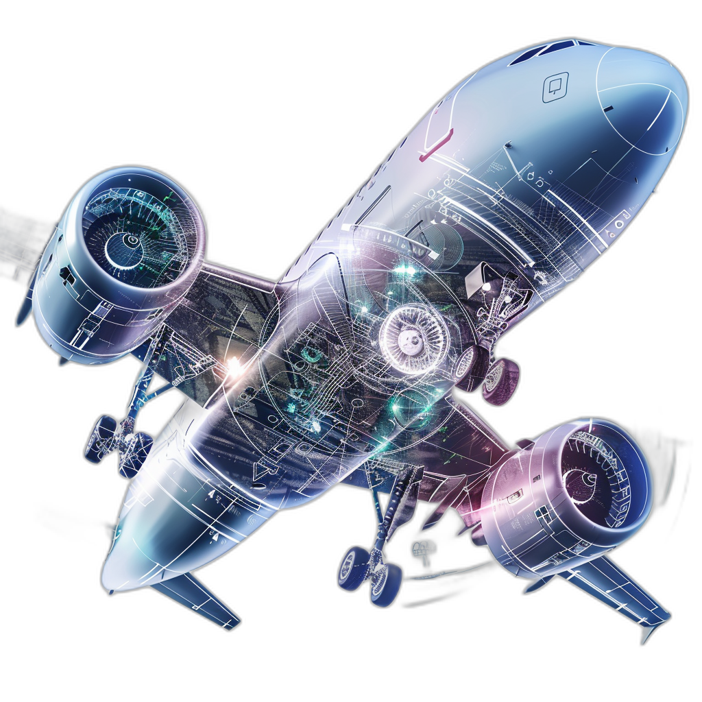 3d rendering of airplane with engine parts and digital hologram on black background, vector illustration, detailed concept design, product design, dynamic action pose, scifi game art, high resolution