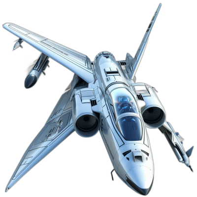 3d render of silver fighter jet with blue pilot inside, flying in black background, isometric view, studio light, high resolution photography