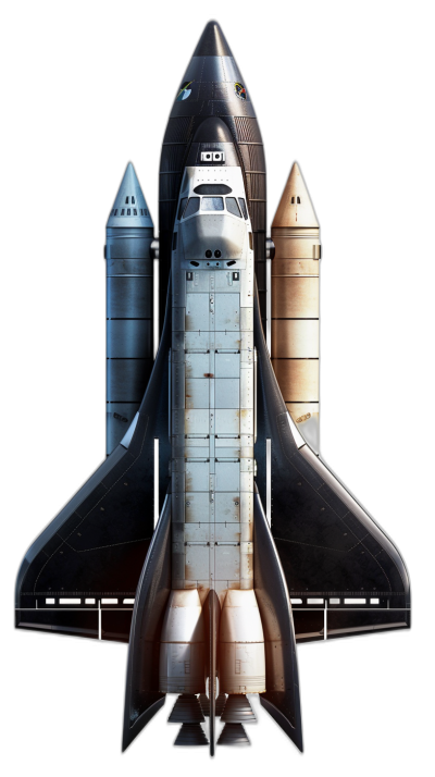 A detailed illustration of the space shuttle with its rocket and spacecraft, set against a black background. The composition is symmetrical, showcasing both side and top down views. It is in full color, showcasing intricate details such as materials like steel or aluminum, realistic textures, and accurate proportions for an authentic representation. The illustration is in the style of a realistic technical drawing.