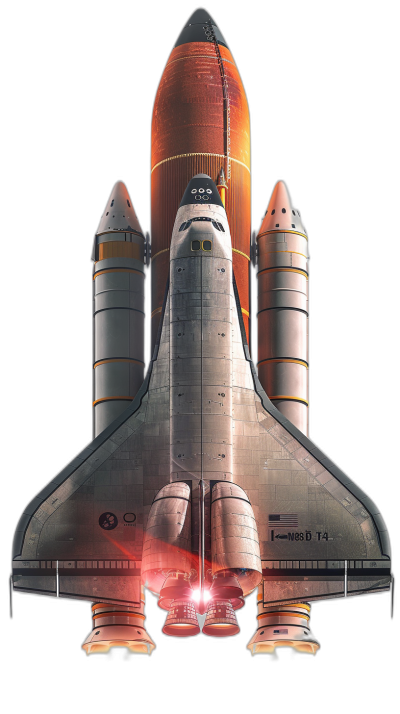 The space shuttle is displayed in an illustration style, with detailed details and symmetrical composition on black background. The rocket has three identical eight ", orange white color scheme, red flames from the engines, light effects on its body, symettrical structure, centered layout, high resolution, high quality, high detail,