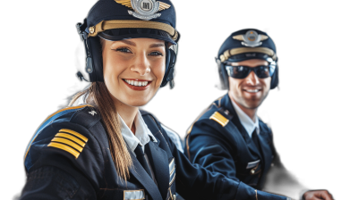 A smiling female pilot and male pilot in uniform sitting together against a black background, in the photorealistic style and high detail style of professional photography with sharp focus, depth of field, and perfect composition, in the style of HDR and high resolution studio lighting with professional color grading and high quality.