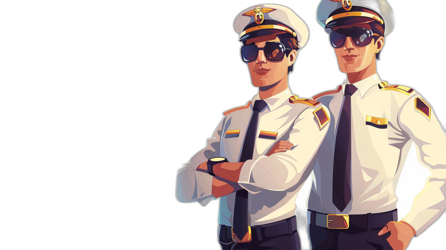 Two young men in white police uniforms, one with black sunglasses and the other without glasses, stand side by side against a pure black background in the style of a cartoon.