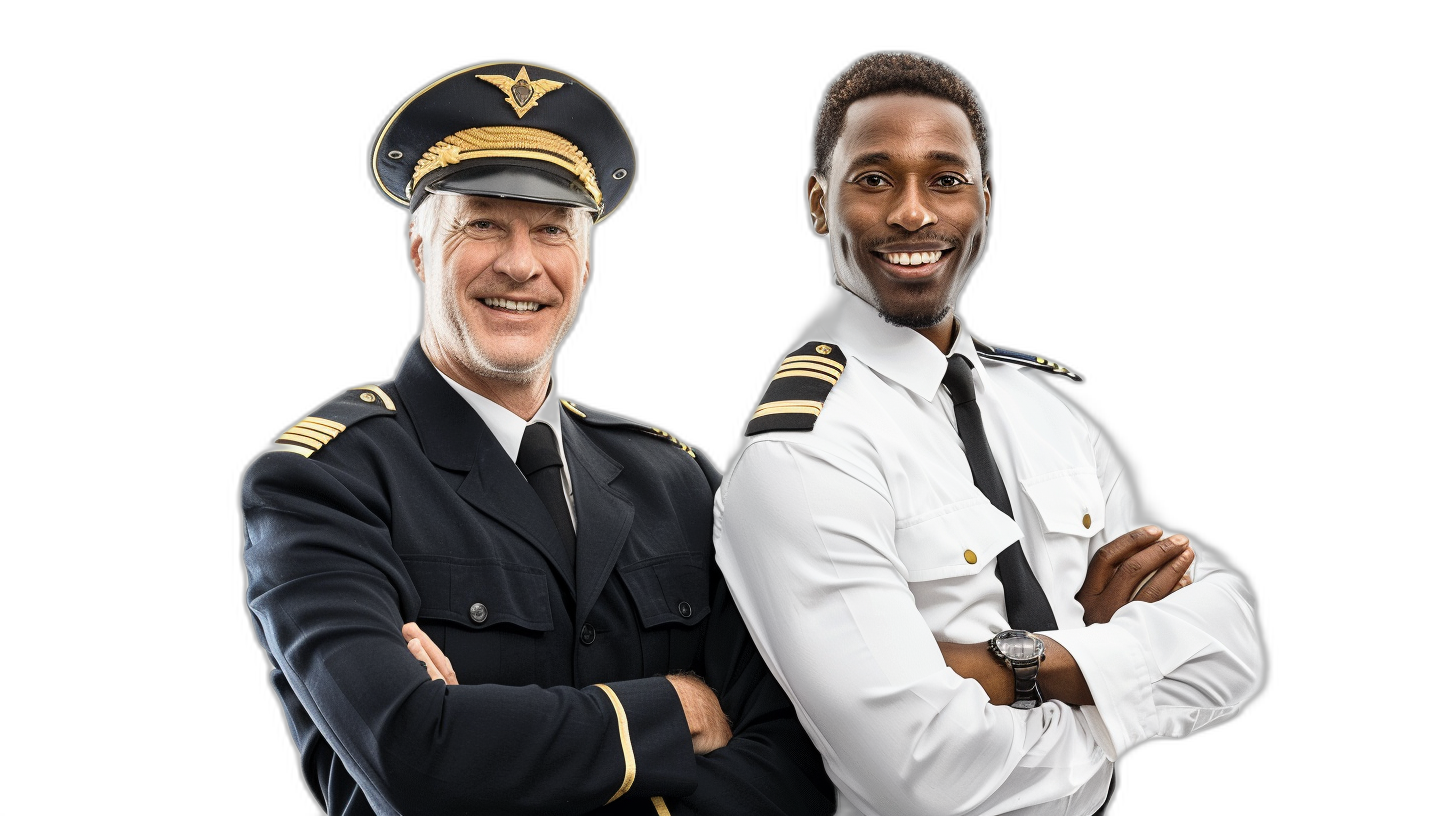 a black male pilot and white man in the same uniform smiling with arms crossed, isolated on solid background, ultra realistic photography