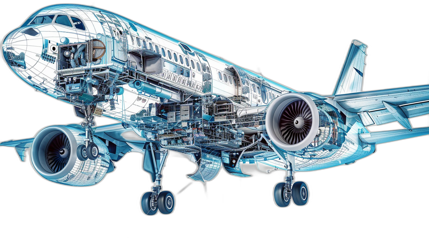 A cutaway view of an airplane, showcasing its intricate internal mechanics and engine systems in the style of light blue on a black background, with detailed white drawing illustrations in the style of scientific illustration, with layered translucency and high resolution, made in the style of hand-drawn, with detailed illustrations of life scenes, with plane symmetry.