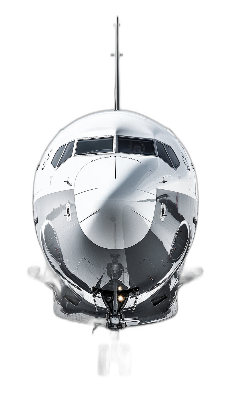 A complete front view of the white jet plane, pure black background, studio lighting, commercial photography, high definition