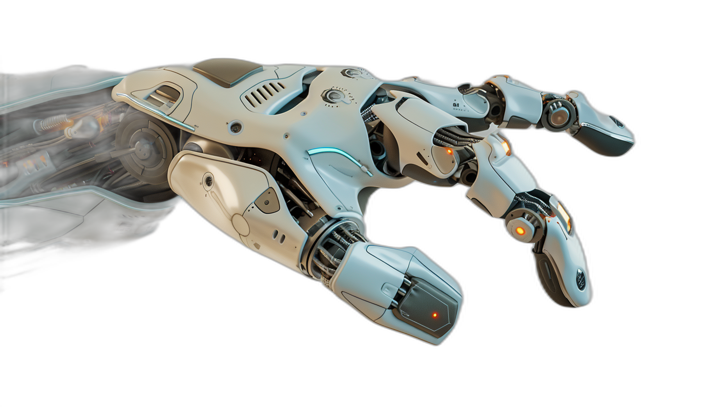 3D render of a robotic hand pointing to the right on a black background. The robotic arm has a white and grey color in the style of a sci-fi design. It is an octane render with futuristic details and hyper realistic elements. High contrast lighting was used for the professional studio photoshoot, which captured the image at high resolution with meticulous details.