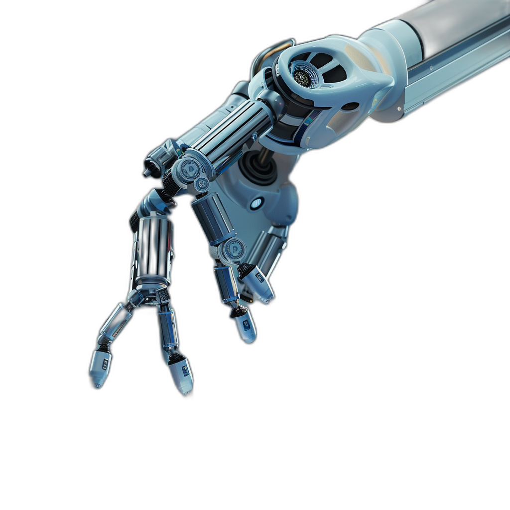 closeup of an arm robot with hand pointing to the right, isolated on black background, 3d rendering