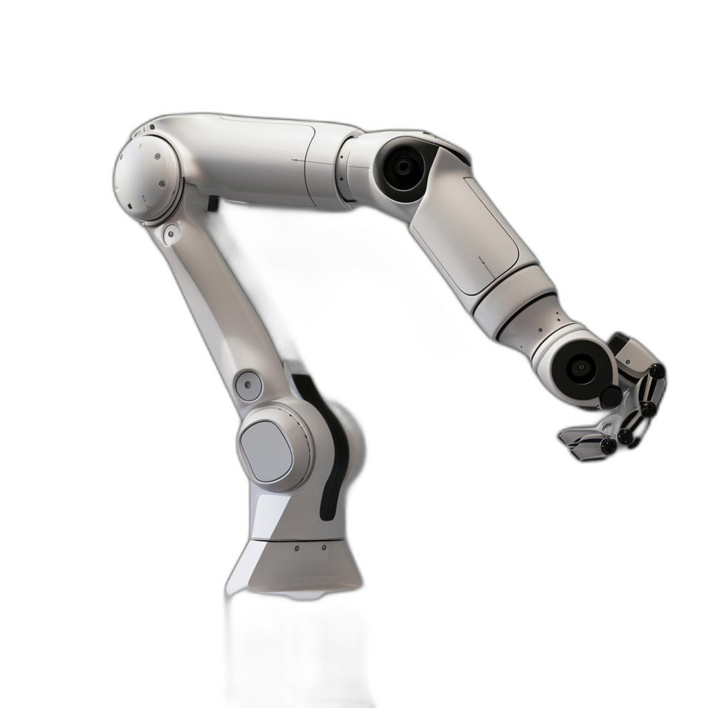 Photo of white robotic arm on black background, high detail, hyperrealism, studio photo, side view, high quality