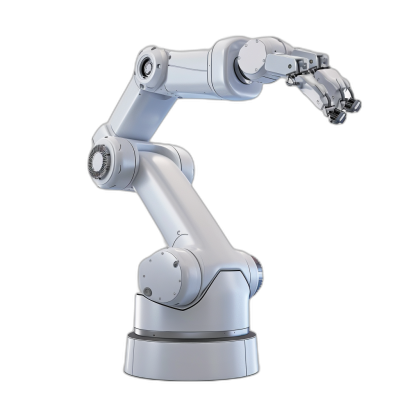 A white robotic arm on black background, side view, industrial design, renderings, high resolution photography, high detail, high quality, high sharpness, hyperrealistic, hyper realistic, studio lighting, octane rendering,
