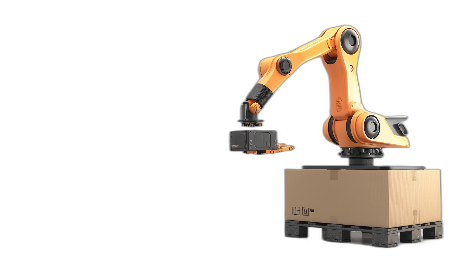 A robot arm is holding and lifting an empty cardboard box on top of pallets against an isolated black background in the style of a 3D rendering illustration with an orange color tone and minimalist, hyper realistic details as if captured with high resolution photography using a 50mm lens at f/28 for a cinematic light effect.