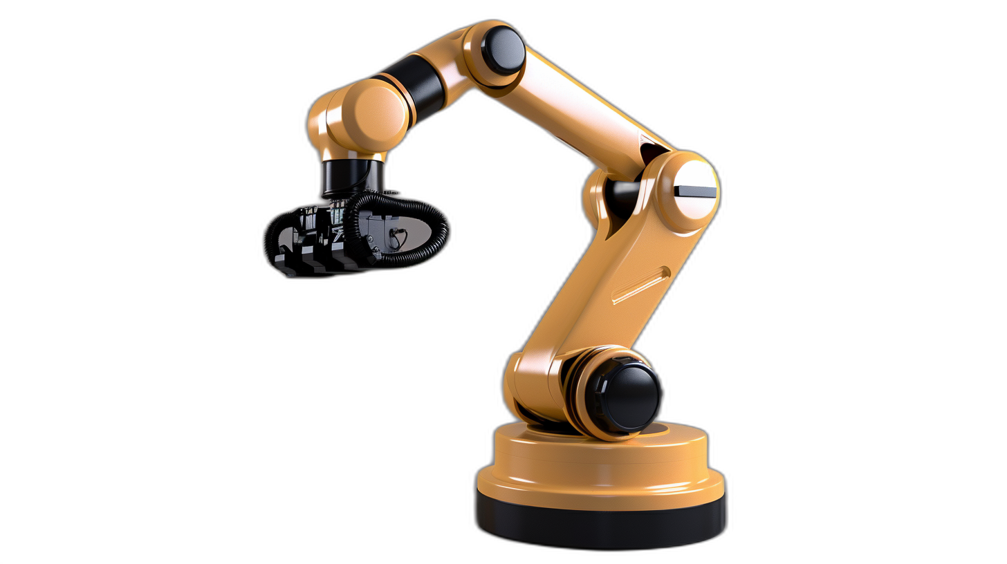 A golden and black robotic arm holding VR glasses in its hand, isolated on the left side of a all black background. The robot is in profile view with visible details such as edges, cables, or metal parts. It has a glossy finish to emphasize a high-tech appearance. There is no shadow under it, emphasizing lighting effects. This is a photorealistic 3D rendering that conveys advanced technology and modern design in the style of advanced technology and modern design.