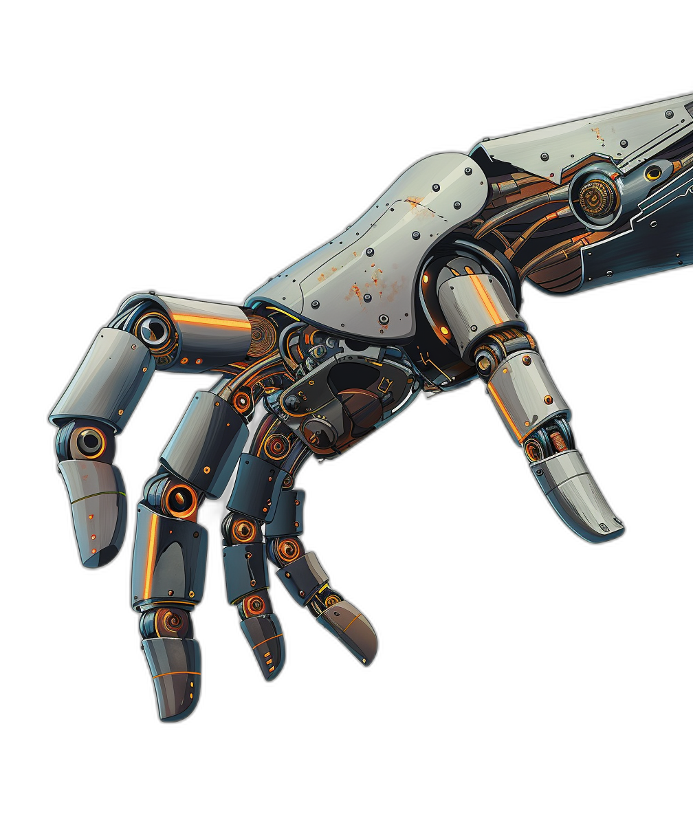 A robotic hand reaching out in the style of cyberpunk, on a black background, as a vector illustration, with a techy vibe, appearing to be made of metallic material, rendered in a hyperrealistic style, as a high resolution, full body shot seen from the side.