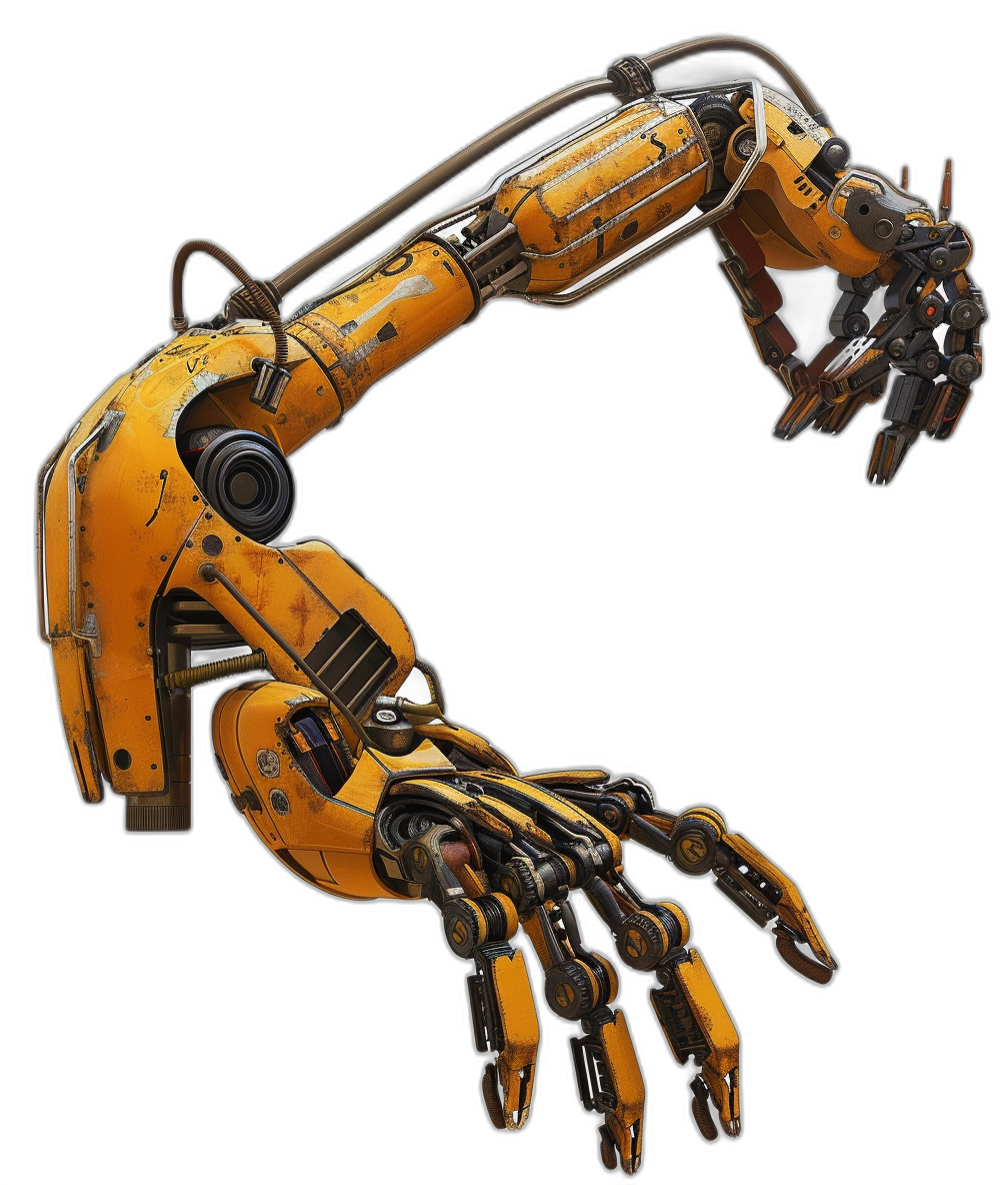 A robot arm with a black background, an orange and yellow color scheme, in the scifi style, with detailed character design, high resolution, hard surface modeling, character caricatures in the style of high detail.