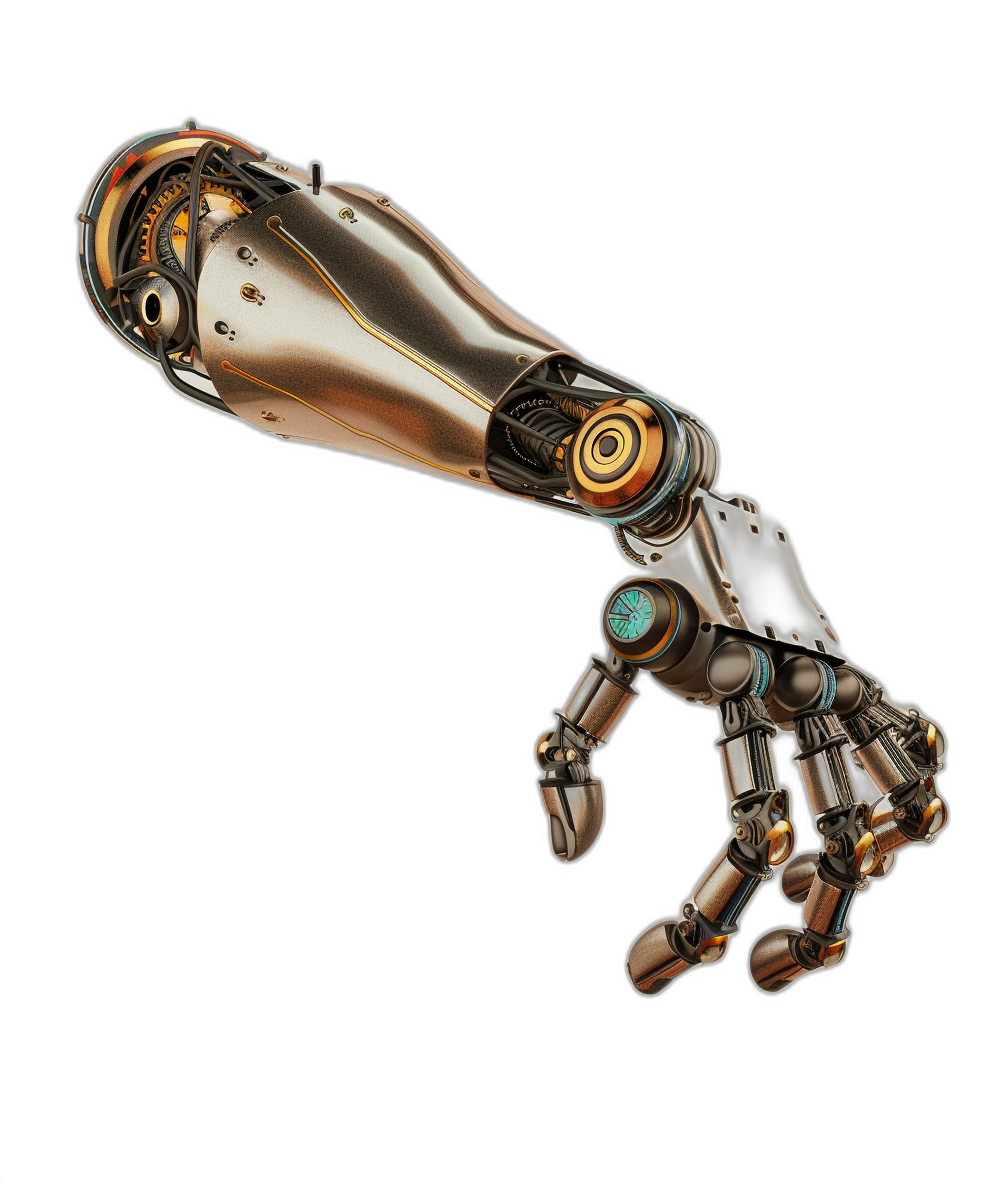 3/4 view of a cyberpunk arm prosthetic with steampunk elements in the style of futurism. A legal robot hand featuring high resolution details on a black background in a hyper realistic, very detailed style.