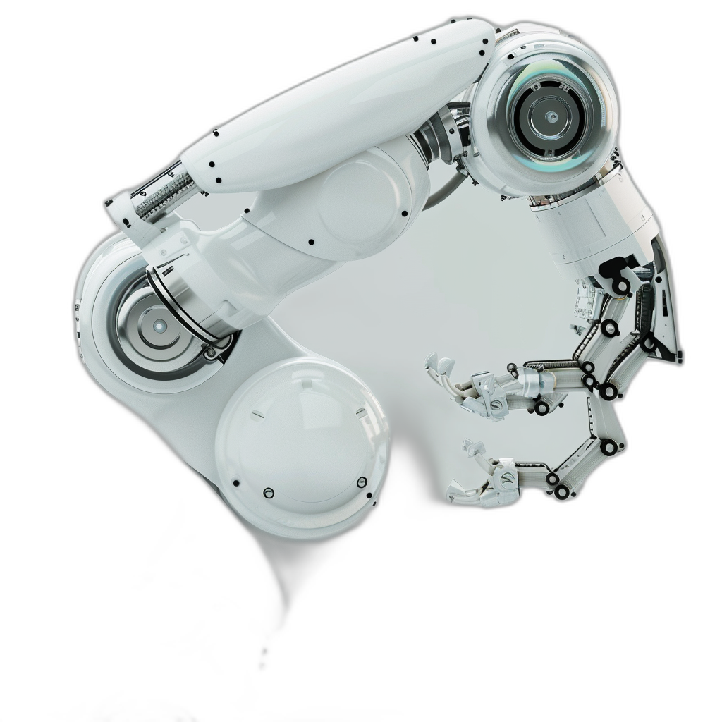 A white robot arm with two wheels is holding an electric motor. The camera angle shows its head and body from above on a black background. This 3D rendering depicts digital art in the style of hyperrealistic details with high resolution and hyperfine details.