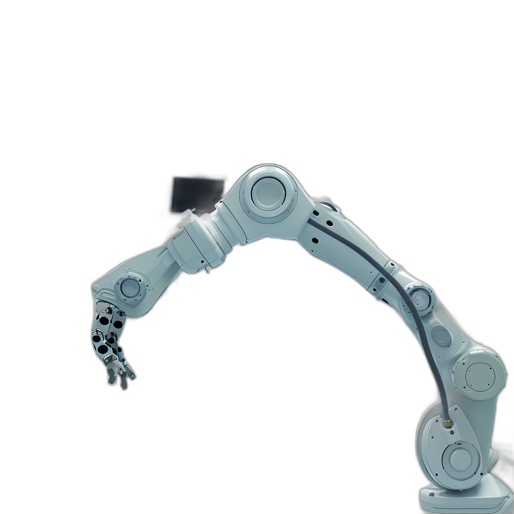 Photo of an industrial robot arm holding up a screen with its hand, on a black background, in a hyper realistic style.