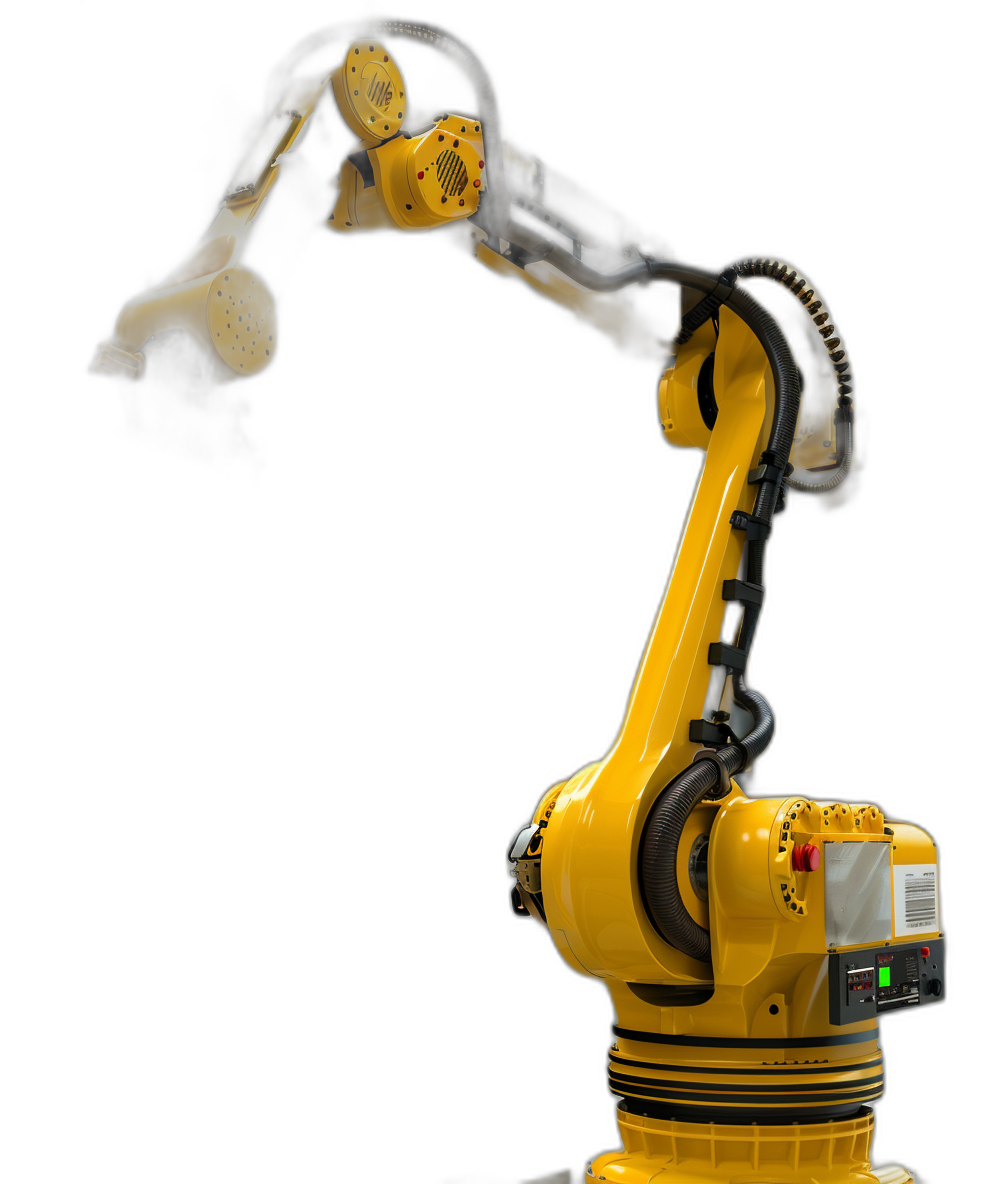 yellow robotic arm on black background, high resolution digital photography in the style of National Geographic, isolated subject with no shadows, focus on mechanical arms and technology, professional lighting setup, isolated subject on white background