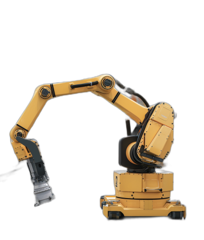 A yellow and black industrial robot arm on the side of an excavator against a solid black background, in the style of hyper realistic photography.