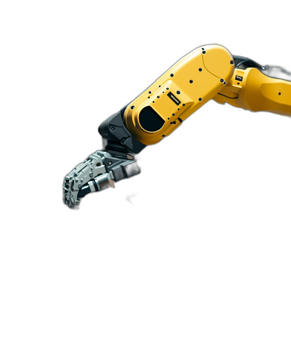 A yellow robotic arm on a black background, viewed from the side, in high resolution photography. The robotic arm is depicted in the style of side view photography with minimal editing of the original text. Chinese characters were removed.