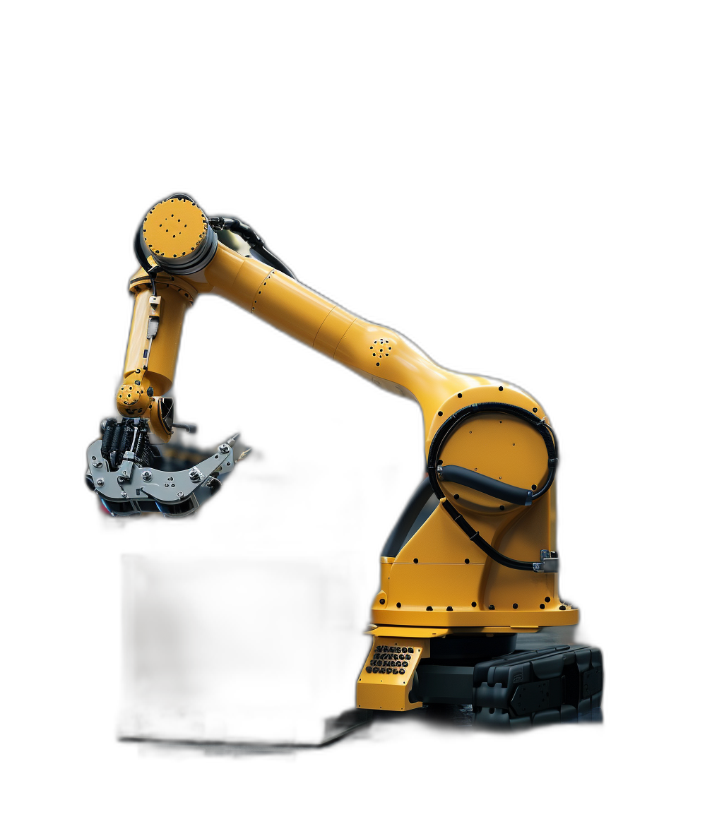 A yellow and black photo of an industrial robot arm on a dark background, a high resolution photograph in the style of professional color grading with soft shadows and clean sharp focus without contrast from digital photography.