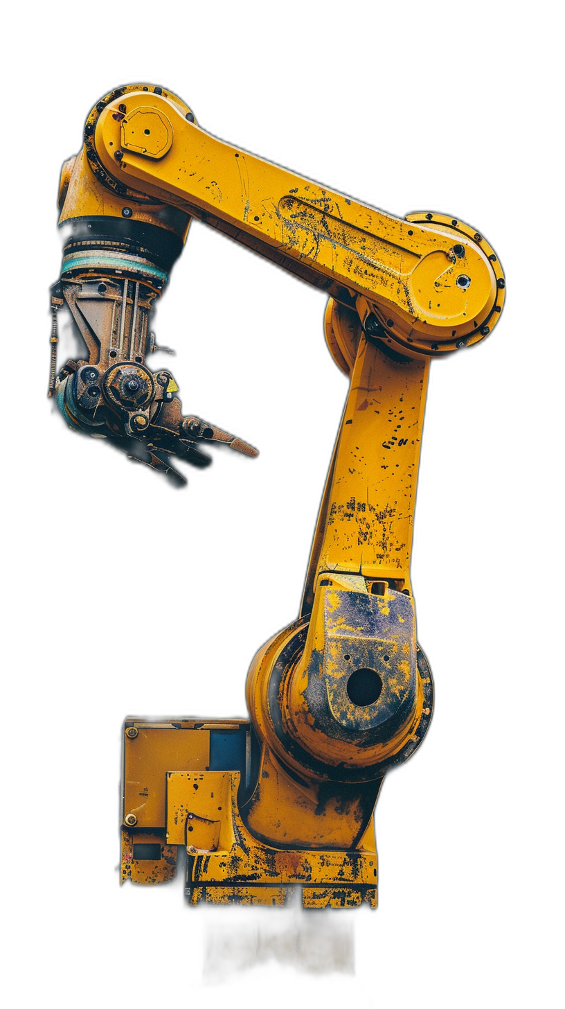 Yellow and black robotic arm on the side of an industrial machine isolated on a dark background in high resolution photography. The image is in the style of industrial machinery.