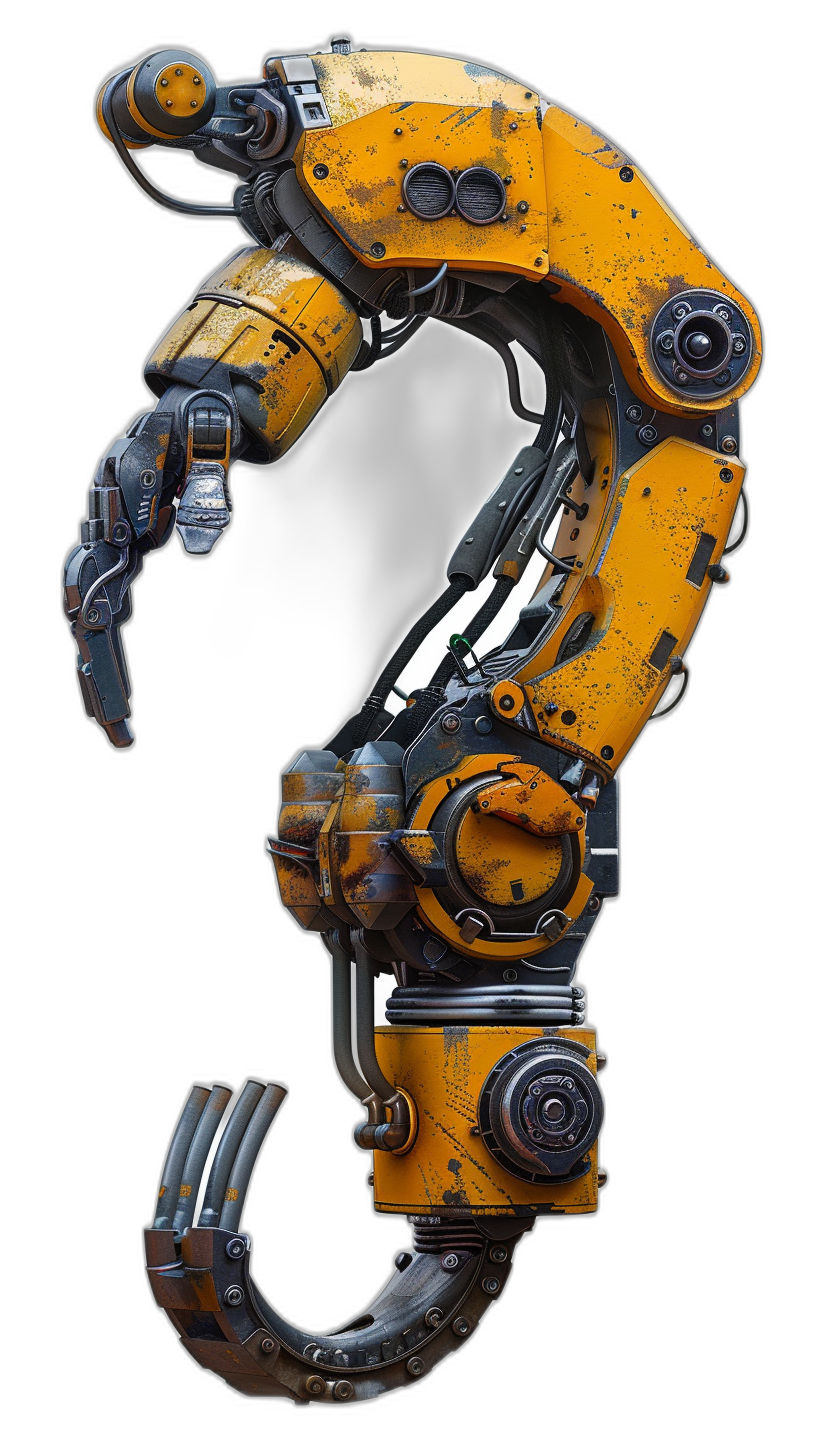 A yellow and black mechanical question mark in the style of cyberpunk on the left side of an isolated background, with a highly detailed texture and industrial machinery aesthetics. Machinelike precision with a bold use of colors, rendered in octane, a full body shot with hard edges at a high resolution.