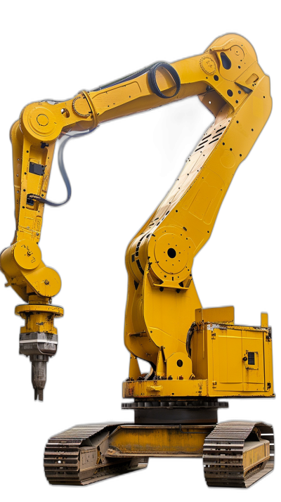 yellow robot arm, construction equipment, isolated on black background, front view