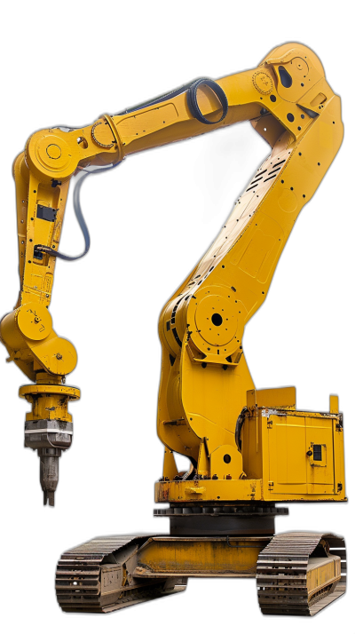 yellow robot arm, construction equipment, isolated on black background, hyper realistic photography