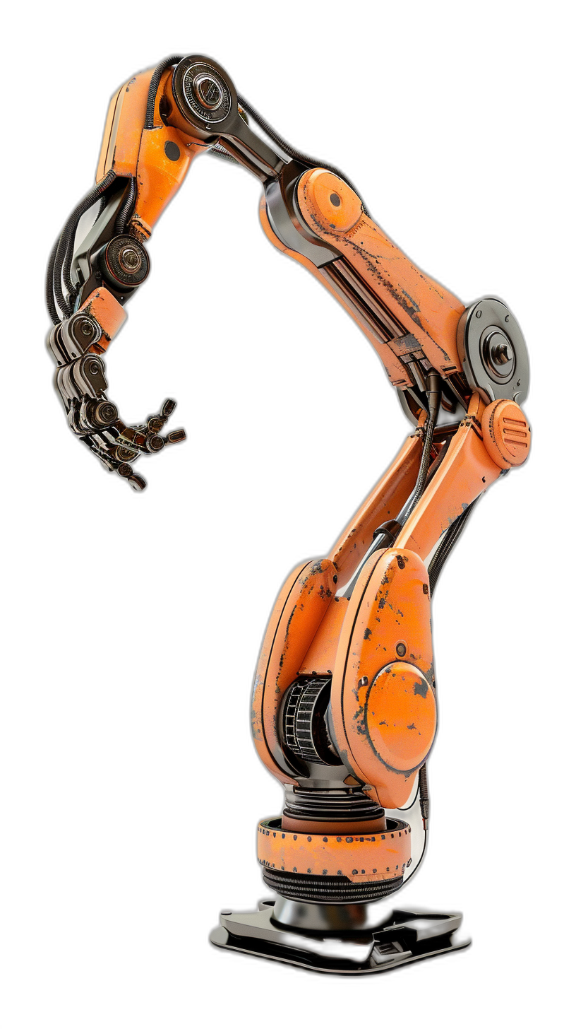 A robotic arm made of orange metal on a black background in a front view, in the style of hyper realistic photography.