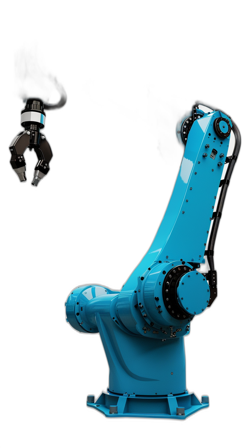 A blue robotic arm on a black background, holding and picking materials in a side view, full body shot. The photography has a hyper realistic style.